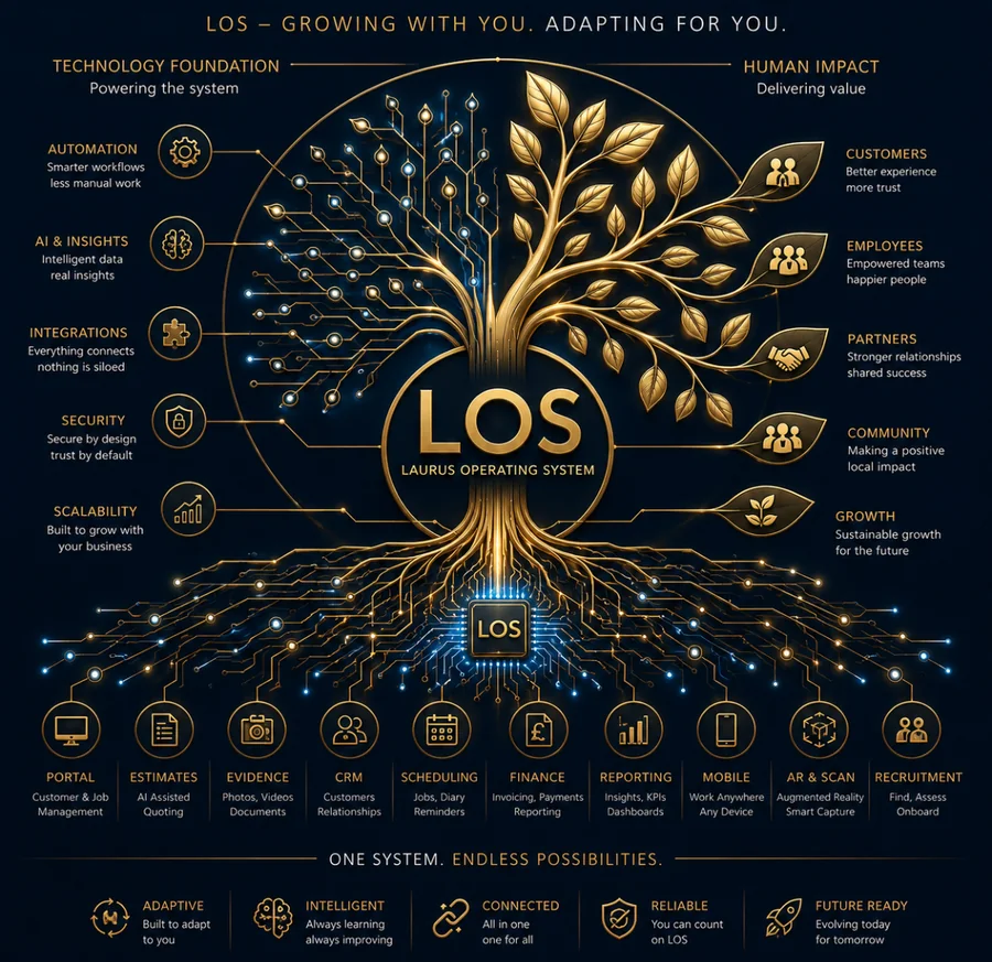 Illustration of the LOS ecosystem: a gold tree with LOS at its centre, the technology foundation on its left, the human impact it delivers on its right, and ten connected business capabilities along its circuit-board roots. A text version follows.